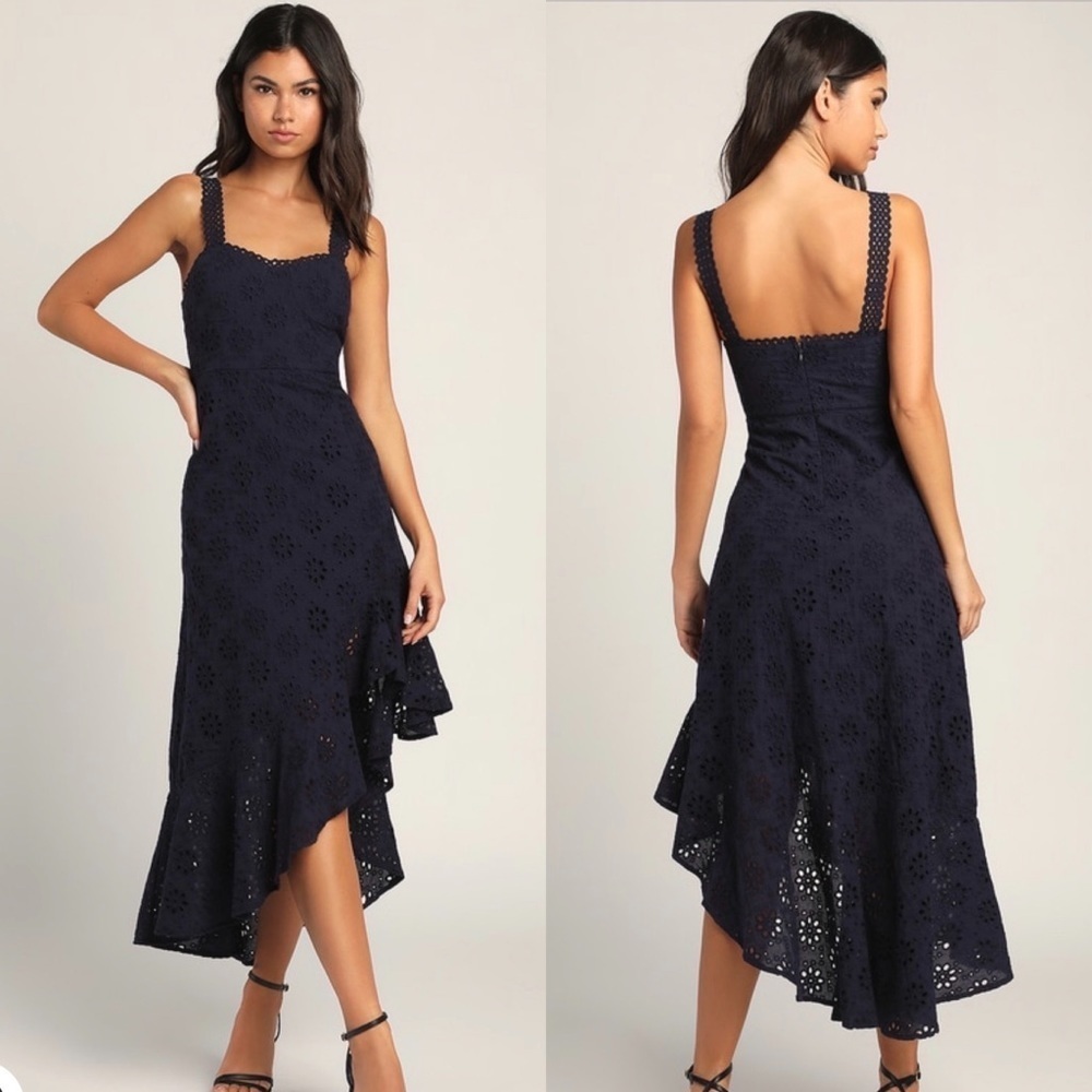 Lulus Navy Blue Holiday Sleeveless Trimmed Embroidered‎ Asymmetric Dress Sz M